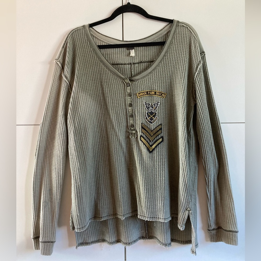 We The Free Henley Army Green Waffle Knit Shirt